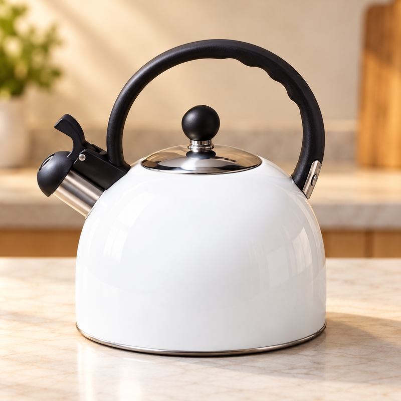Premium Whistling Tea Kettle – White Stovetop Kettle with Heat-Resistant Handle & Flip-Top Spout