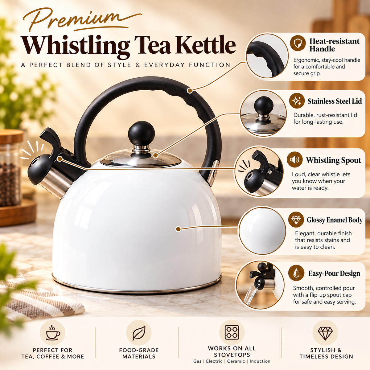 Premium Whistling Tea Kettle – White Stovetop Kettle with Heat-Resistant Handle & Flip-Top Spout